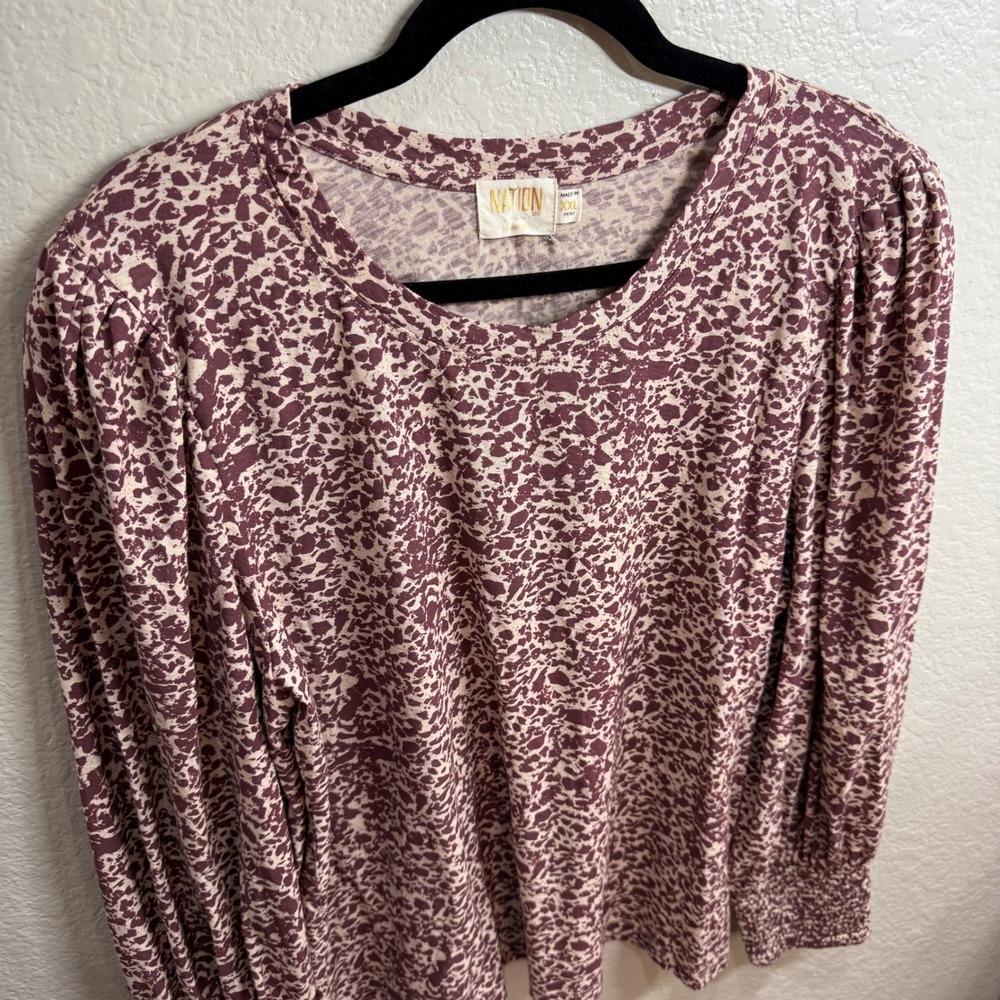 NATION LTD Women's XXL Long Sleeve Smocked Cuff Leopard Print Top Made in Peru - Picture 5 of 10
